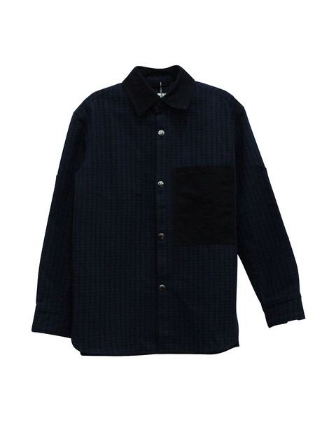 checkered print button down shirt in navy blue wool