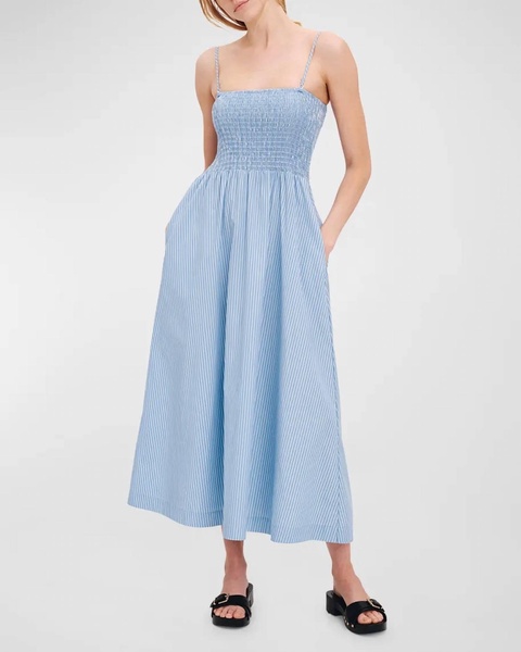 superfine twill stripe smocked midi dress in summer/sky white