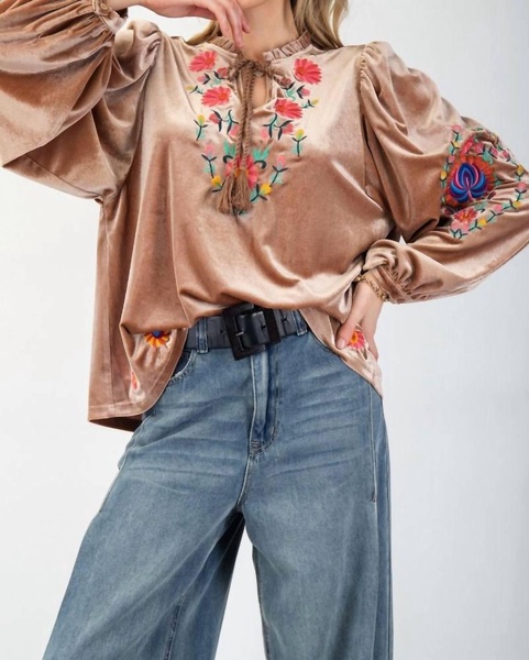 embellished detailed floral velvet top in latte