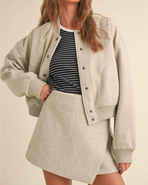 soft buttoned bomber jacket in oatmeal