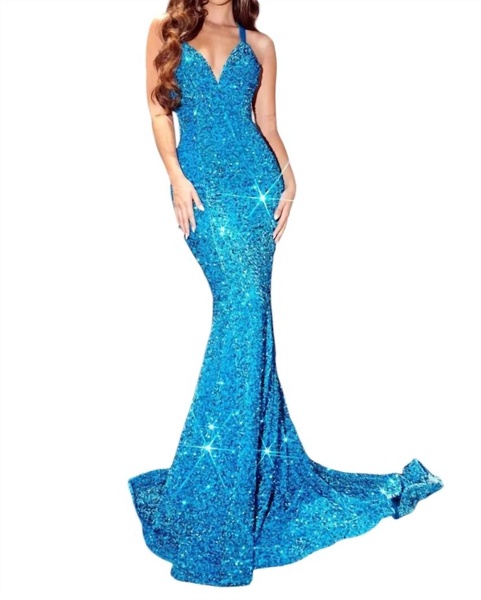 sequin mermaid evening gown in turquoise