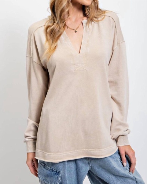 mineral washed terry knit pullover in latte