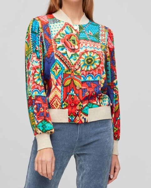 silky knit print bomber jacket in multi