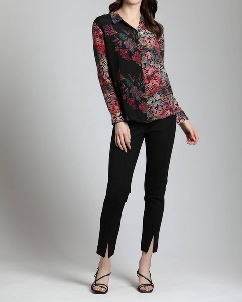 mixed media floral button front shirt in black/multi