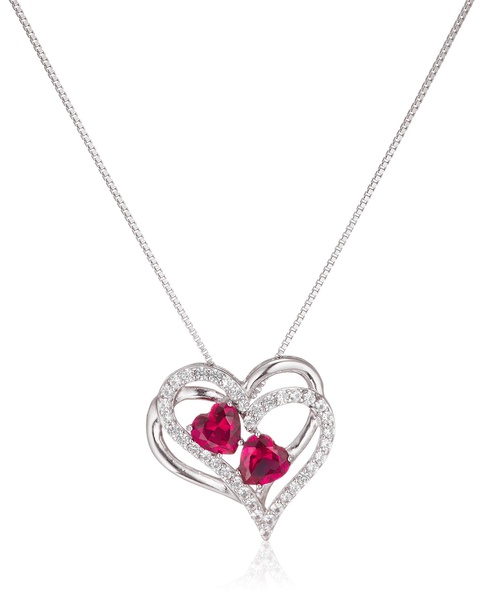 Amazon Essentials womens Sterling Silver Created Ruby and White Sapphire Double Heart Pendant Necklace, 18", (previously Amazon Collection)
