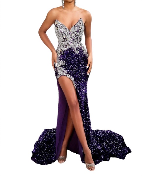 strapless velvet dress in royal purple