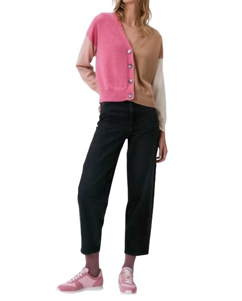 connie colour block cardigan in pink and camel