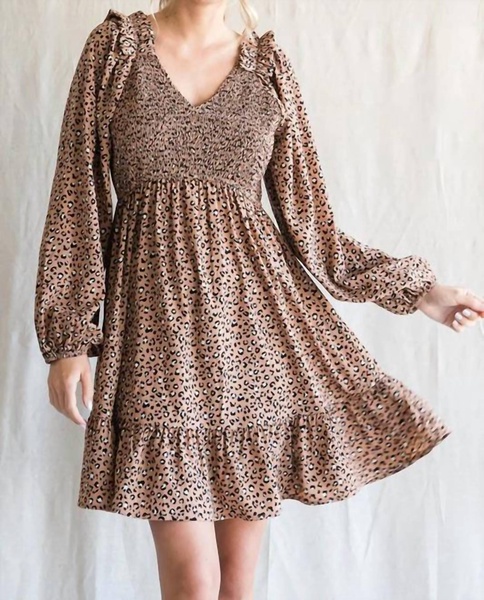 leopard smocked body dress in taupe