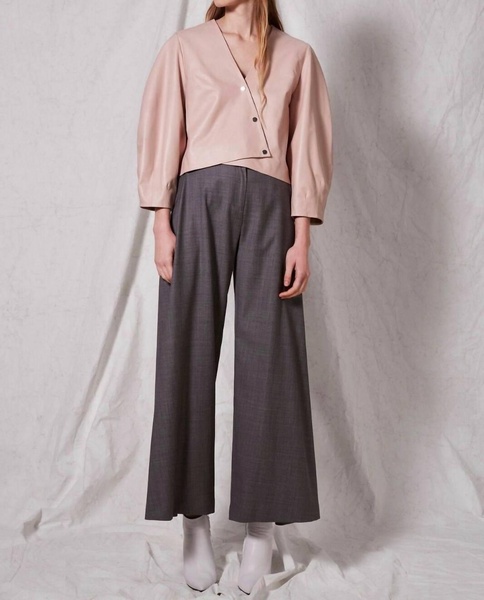 soft wrap top snap on cropped leather jacket in pink