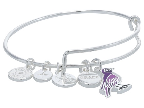Alex and Ani Grace Violet Backed Starling Duo Expandable Wire Bangle Bracelet, Shiny Silver Finish, Purple Charm, 2 to 3.5 in