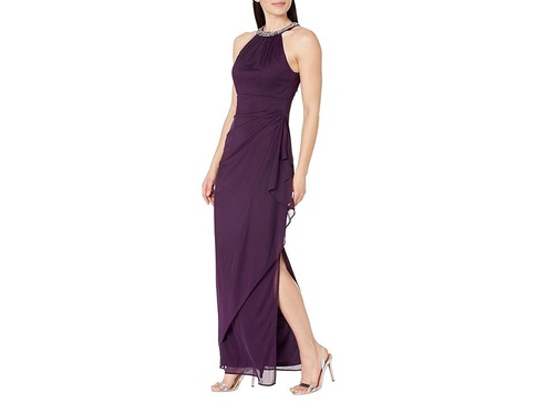 Beaded Halter Long Gown with Side Ruching