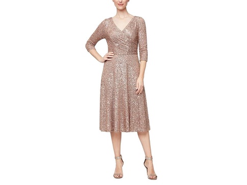 Midi Length A-Line Dress with Surplice Neckline and 3/4 Sleeves