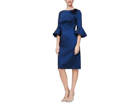 Short Sheath Dress w/Shoulder Floral Detail & Bell Sleeves