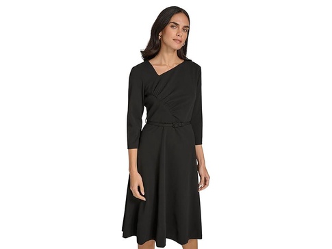 Scuba Crepe Asym Rouched Neck Midi With Belt