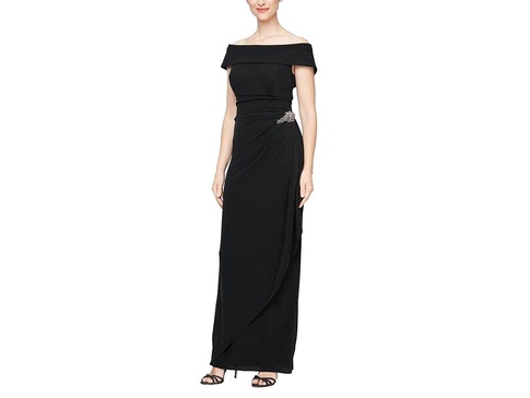 Long Metallic Knit Off-the-Shoulder Dress w/Hip Embellishment