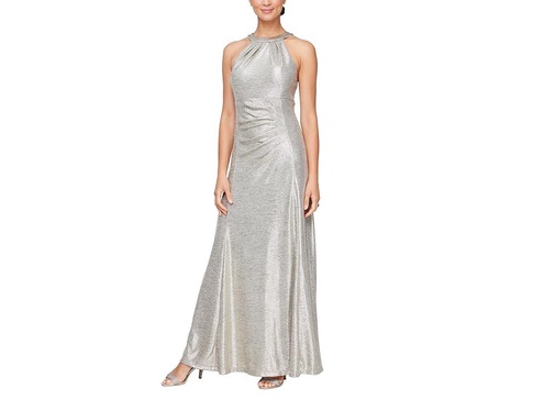 Metallic Knit Long Halter Neck Dress with Ruched Waist