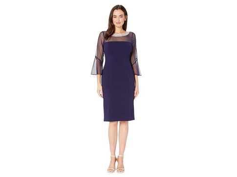 Short Shift Dress with Beaded Illusion Neckline and Bell Sleeves