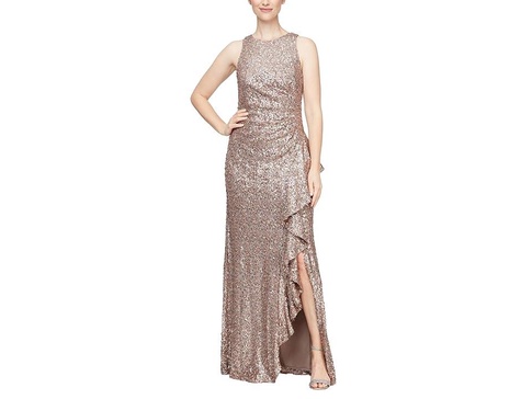 Long Sequins Dress with Cascade Ruffle