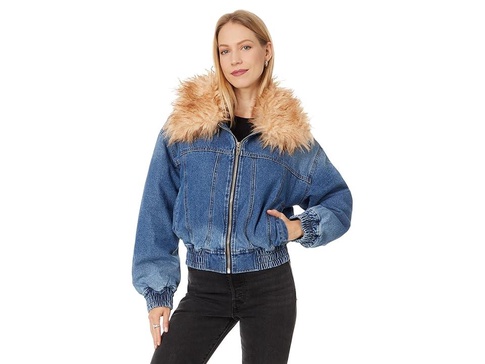Denim Bomber Jacket With Faux Fur Collar