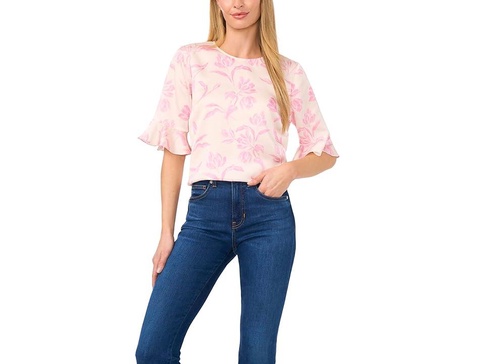 3/4 Sleeve Ruffle Cuff Crew Neck Top