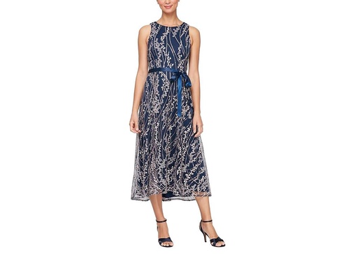 Midi Length Embroidered Dress with Satin Tie Belt