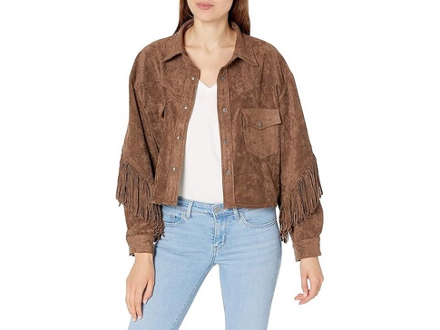 Faux Suede Fringe Shirt Jacket in Hot Cocoa