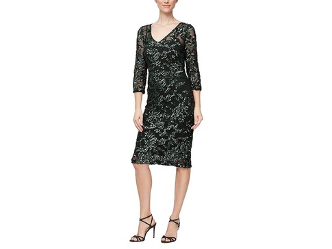 Short V-Neck Sheath Dress with Illusion Neckline and 3/4 Sleeves