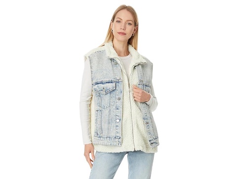 Light Wash Denim Trucker Vest w/ Faux Sherpa Detail in Snow Bank