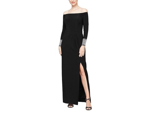 Long Matte Jersey Off the Shoulder Gown with Beaded Cuff Long Sleeves