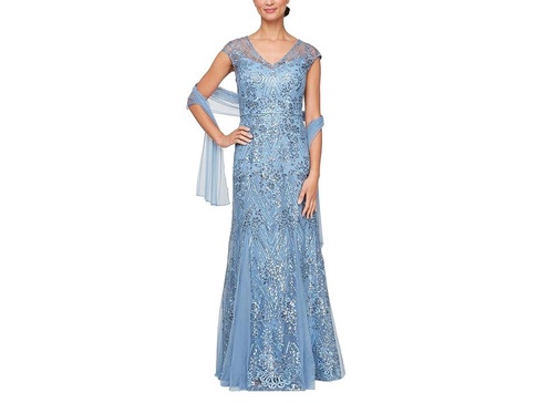 Long Embroidered Fit and Flare Gown