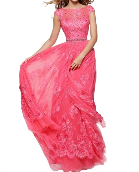 beaded prom dress in coral