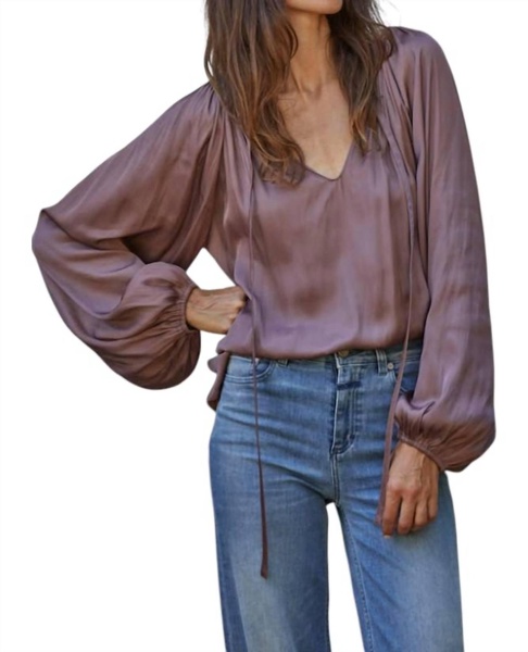 satin long sleeve neck ribbon detail top in chocolate rose