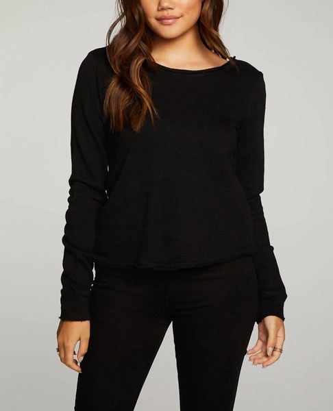 linen french terry long sleeve cross back pullover in black