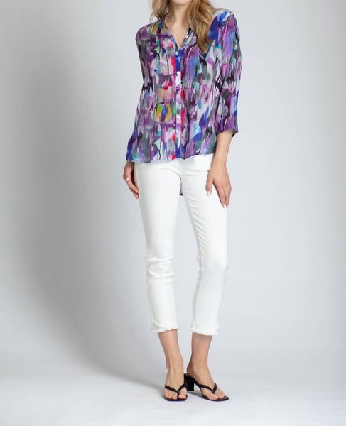 brush stroke ¾ sleeve mandarin collar button up blouse in purple
