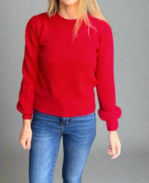 scallop hem puff sleeve sweater in red