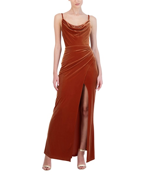 BCBGMAXAZRIA Women's Fit and Flare Long Evening Gown Adjustable Spaghetti Strap Cowl Neck Sequin Trim Corset Dress