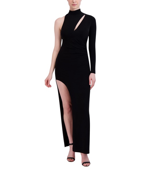 BCBGMAXAZRIA Women's Bodycon Floor Length Evening Gown One Long Sleeve Mock Neck Shirred Cut Out Side Slit