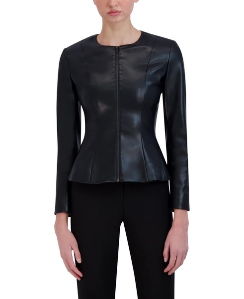 BCBGMAXAZRIA Women's Faux Leather Peplum Jacket Long Sleeve Crew Neck Front Zip Coat