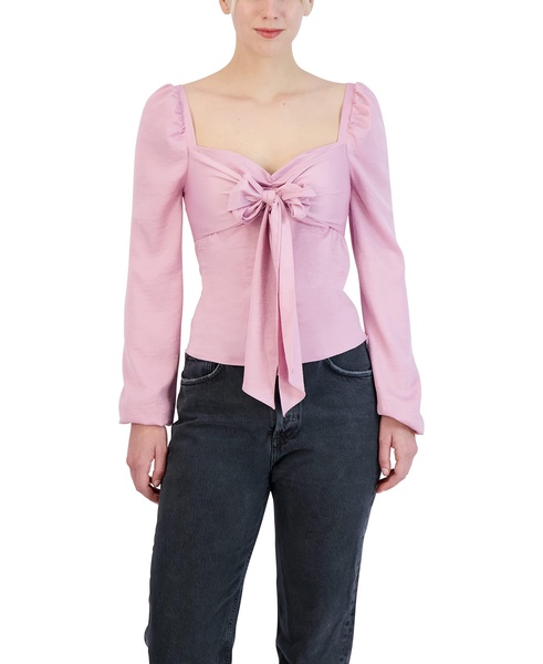 BCBGeneration Women's Fitted Long Sleeve Top Shirred Tie Front Sweetheart Neck Blouse