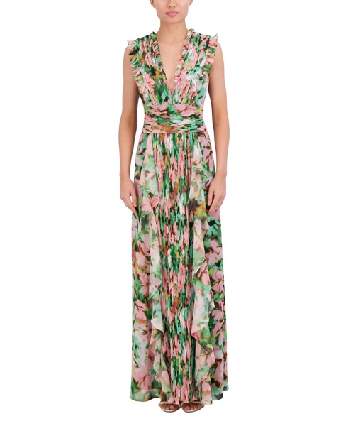 BCBGMAXAZRIA Women's Sleeveless V Neck Pleated Ruffle Maxi Gown
