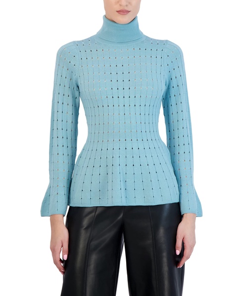 BCBGMAXAZRIA Women's Fitted Peplum Sweater Long Sleeve Bell Cuff Turtle Neck Ruffle Hem Top