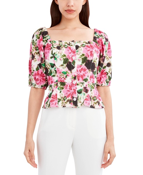 BCBGMAXAZRIA Women's Fitted 3/4 Poof Sleeve Front Button Top