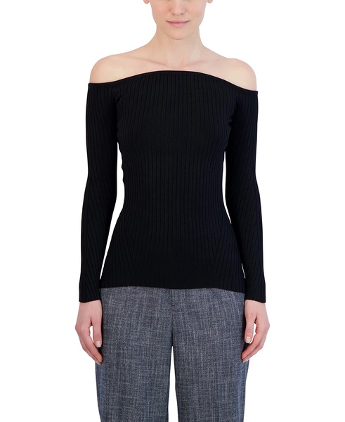 BCBGMAXAZRIA Women's Fitted Ribbed Sweater Off The Shoulder Long Sleeve Sculpted Neck Top