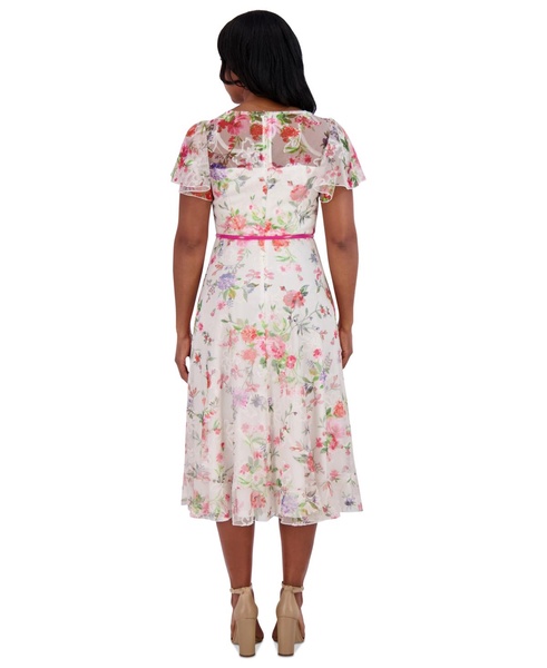 Women's Floral Flutter-Sleeve Belted Midi Dress