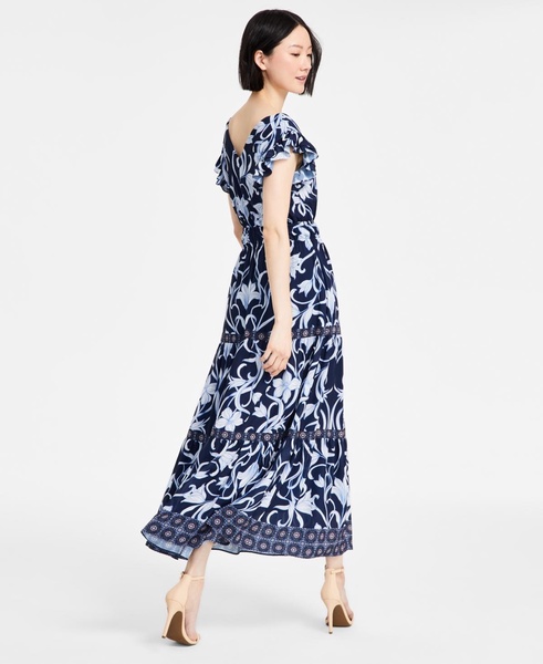 Women's Printed Border-Trim Drawstring Maxi Dress