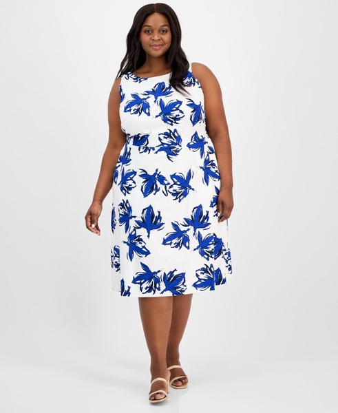 Plus Size Floral-Print Linen-Blend Fit & Flare Dress