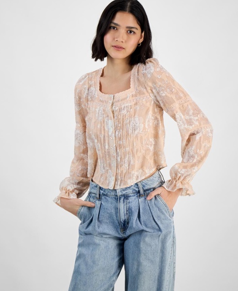 Women's Pleated Lace-Trim Floral-Print Blouse, Regular & Petites, Exclusively at Macy's