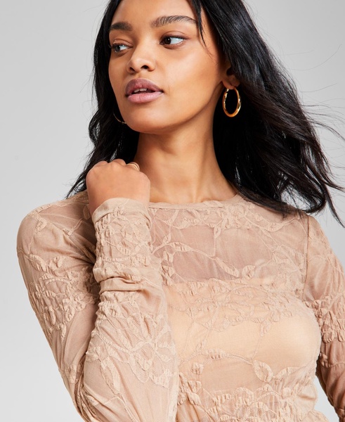 Women's Floral Crewneck Long-Sleeve Mesh Top, Exclusively at Macy's 