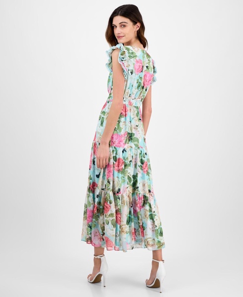 Women's V-Neck Ruffle-Trim Drawstring Midi Dress