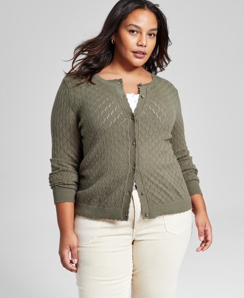 Trendy Plus Long-Sleeve Pointelle-Knit Cardigan, Exclusively at Macy's
